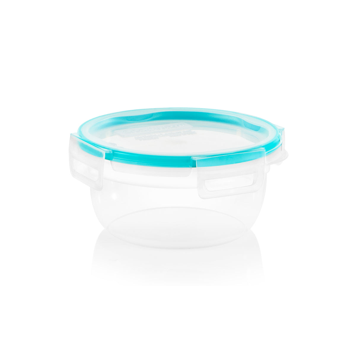 Clear plastic container with a blue lid on a white background