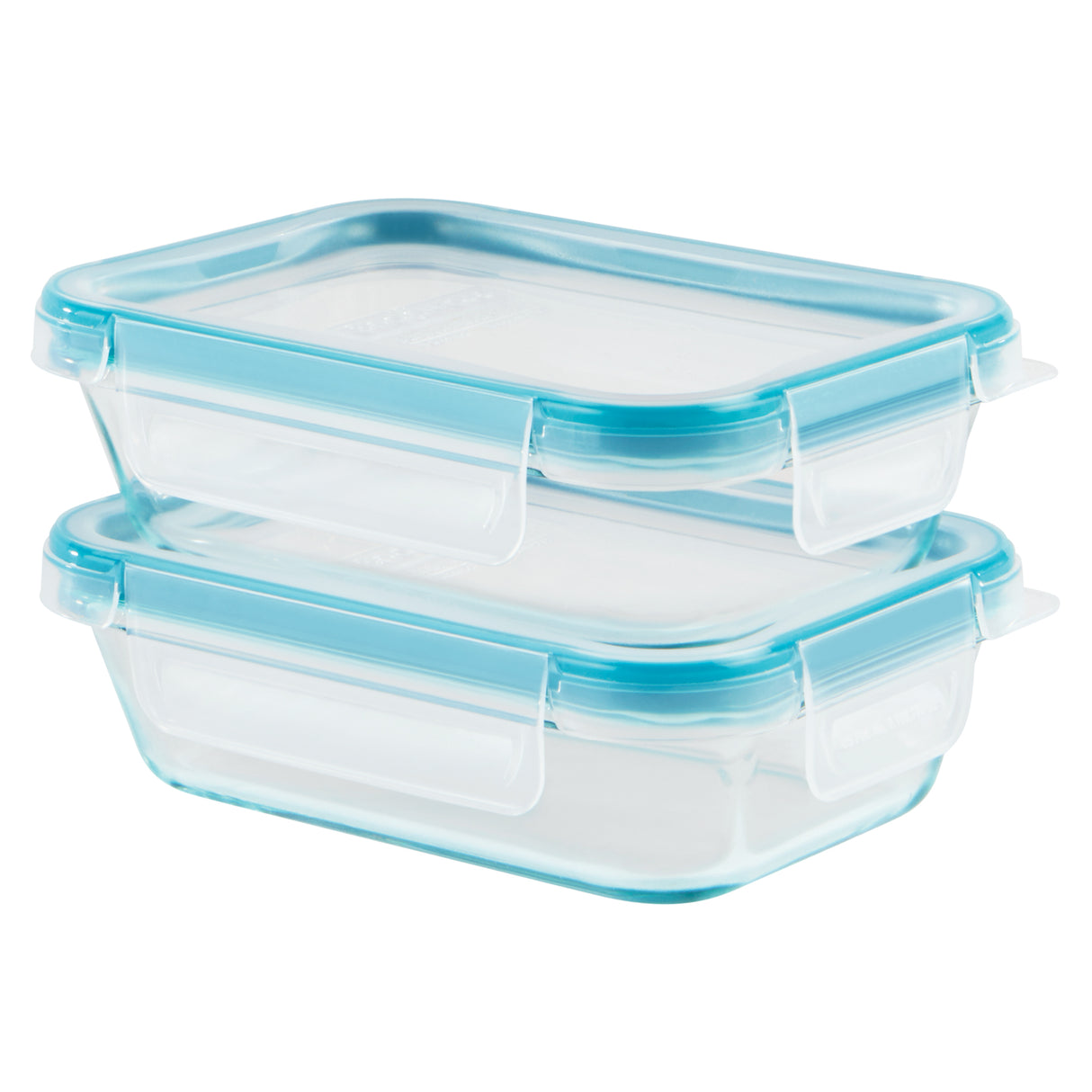 Two clear food storage containers with blue lids on a white background