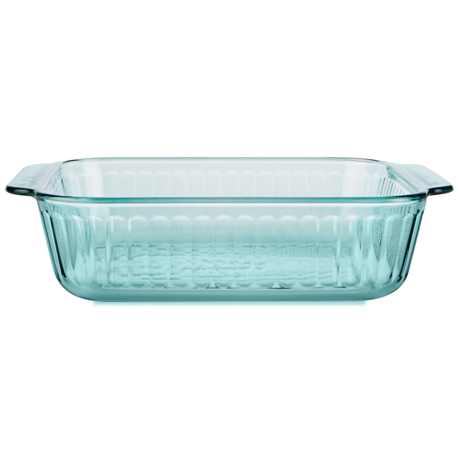 Clear glass baking dish on a white background