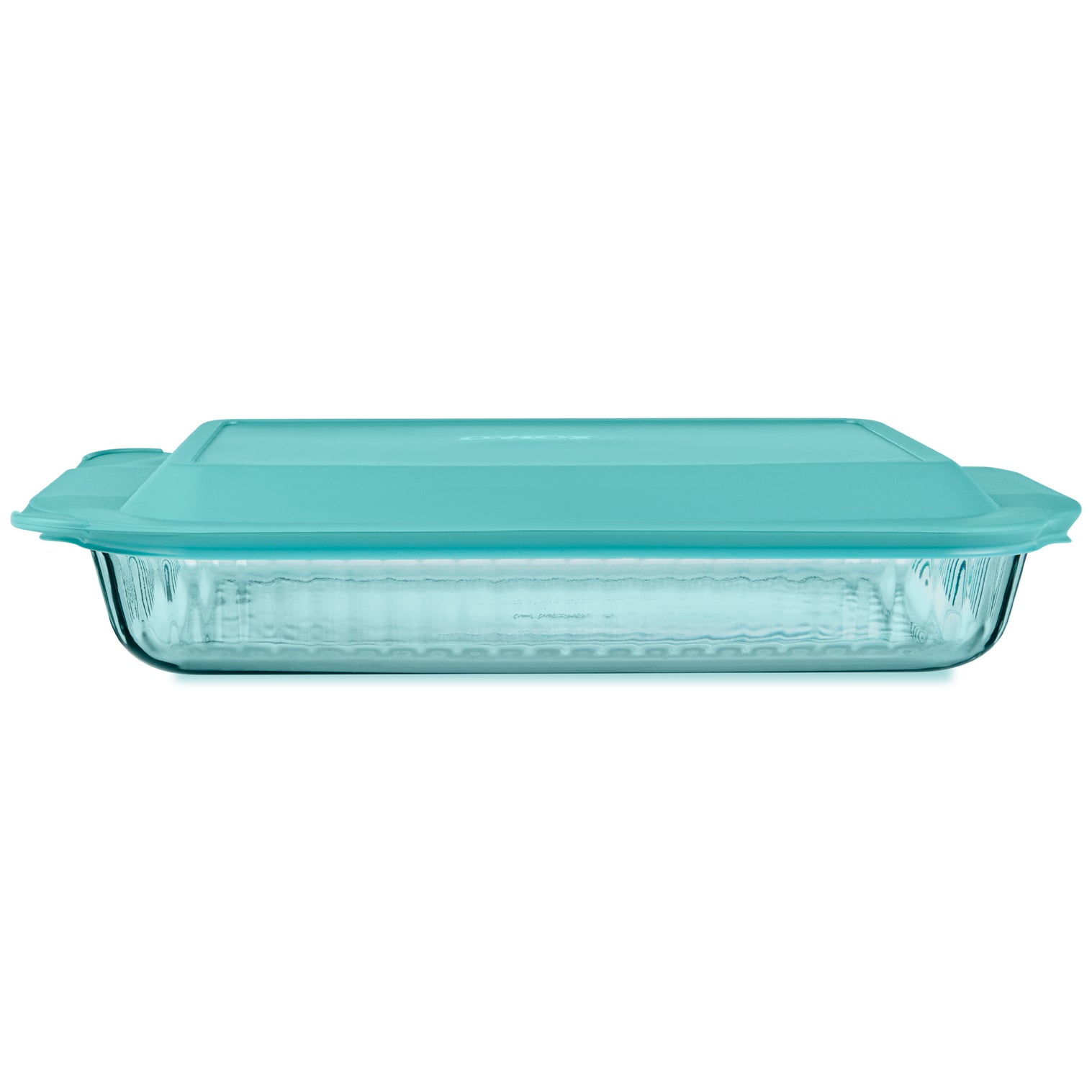 Glass baking dish with teal lid on a white background
