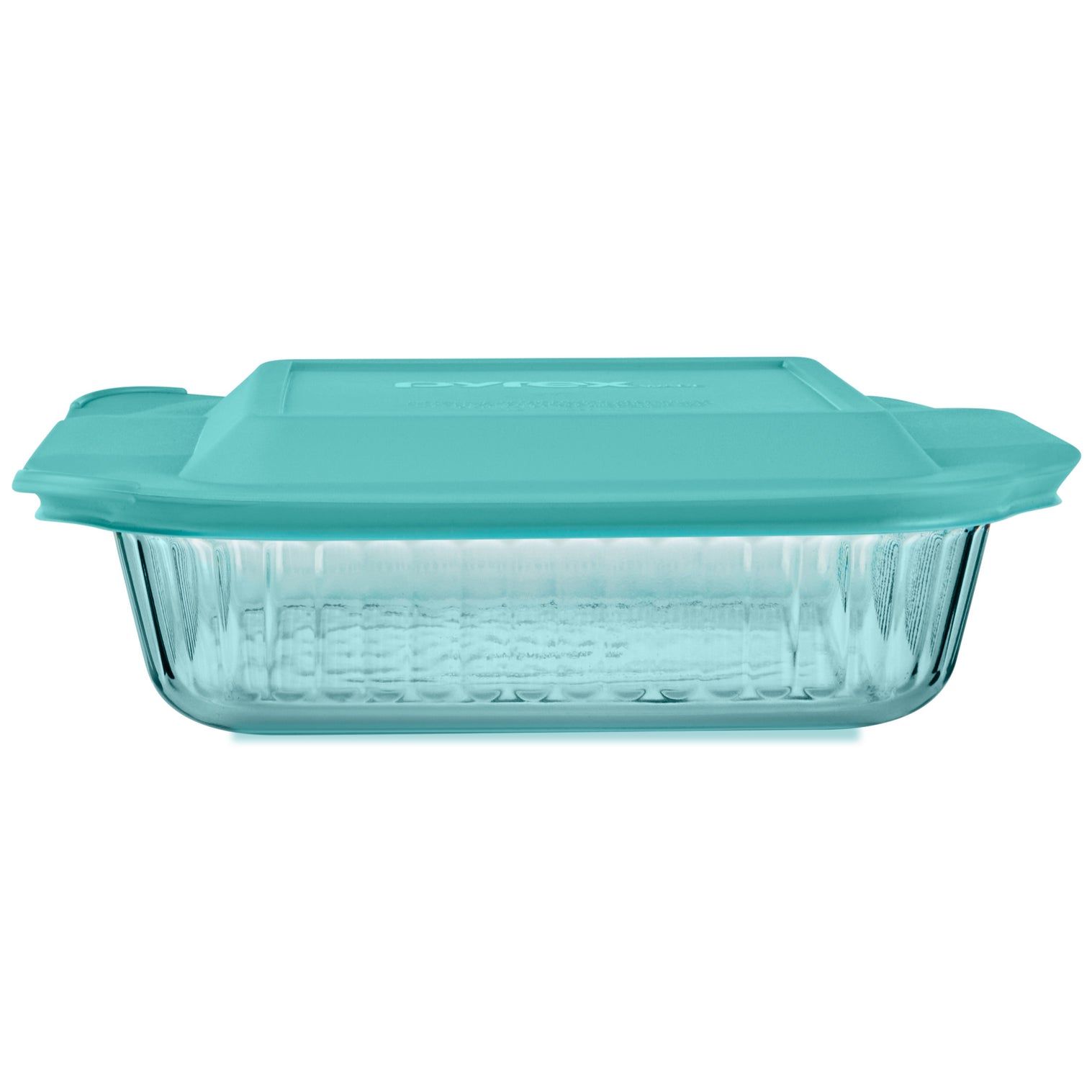 Glass baking dish with teal lid on a white background