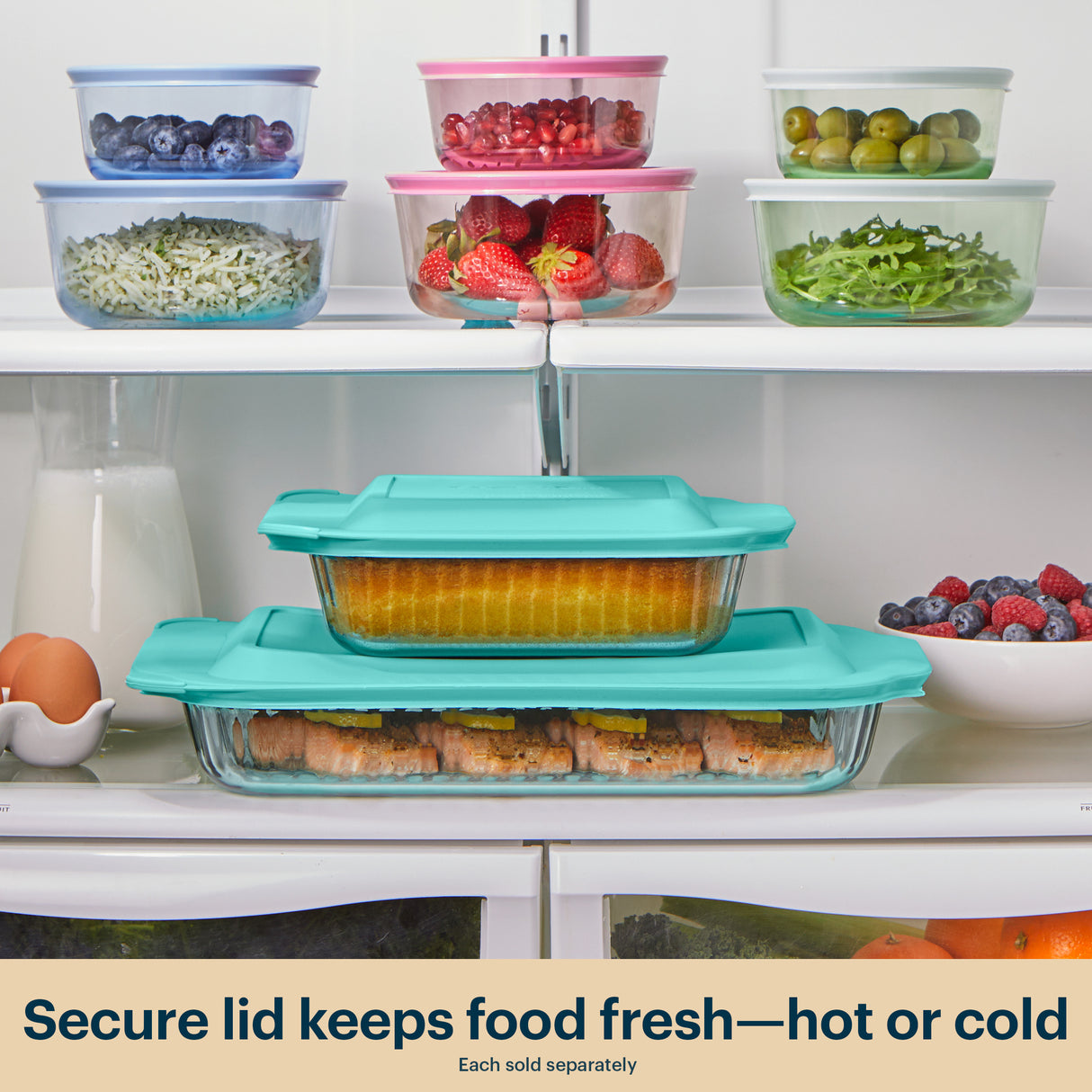 Set of food storage containers with lids on a kitchen shelf.