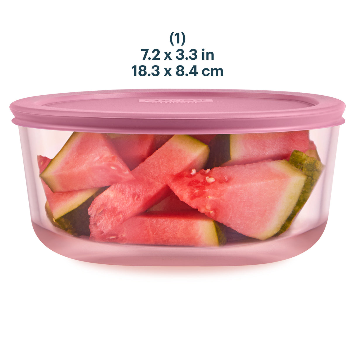 Pink container with watermelon slices and dimensions on a white background