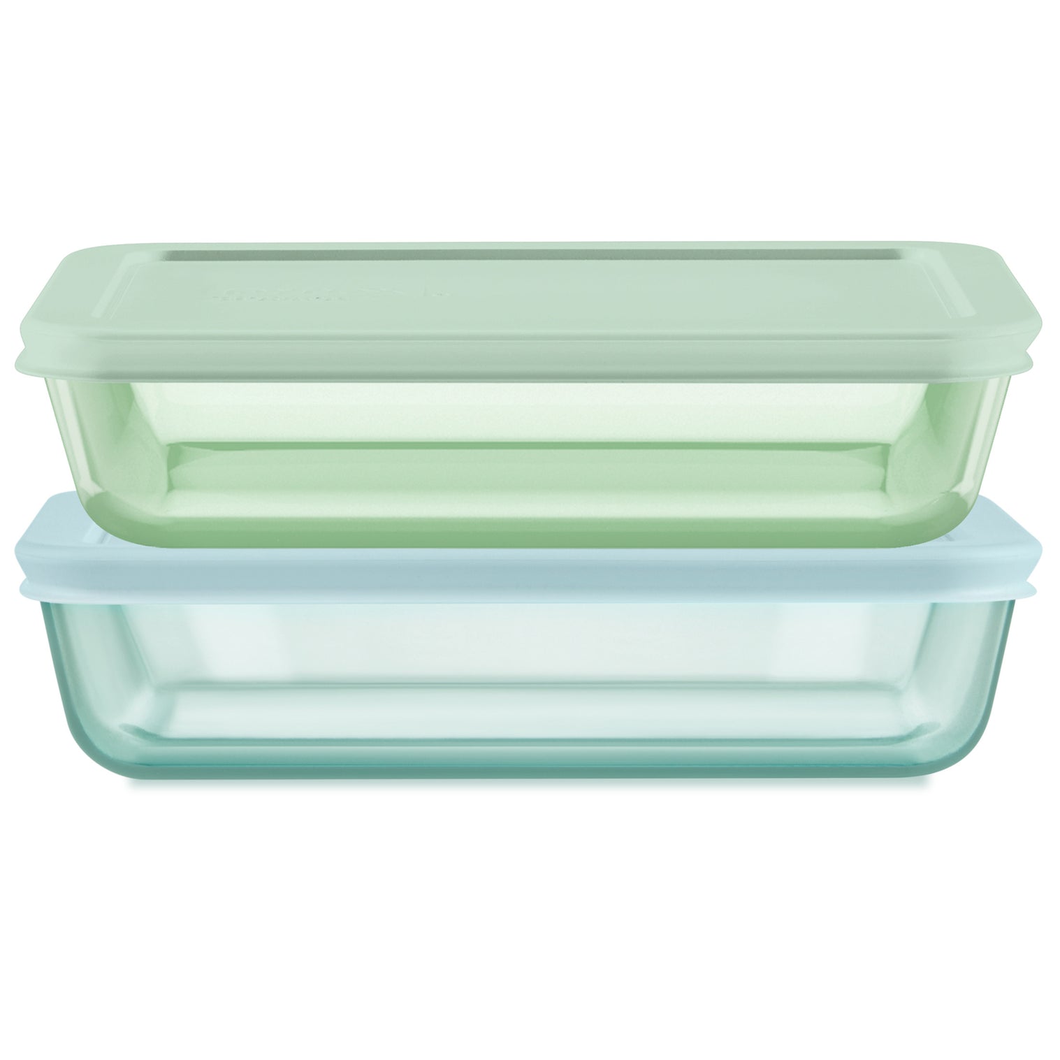Two glass food storage containers with green and blue lids on a white background