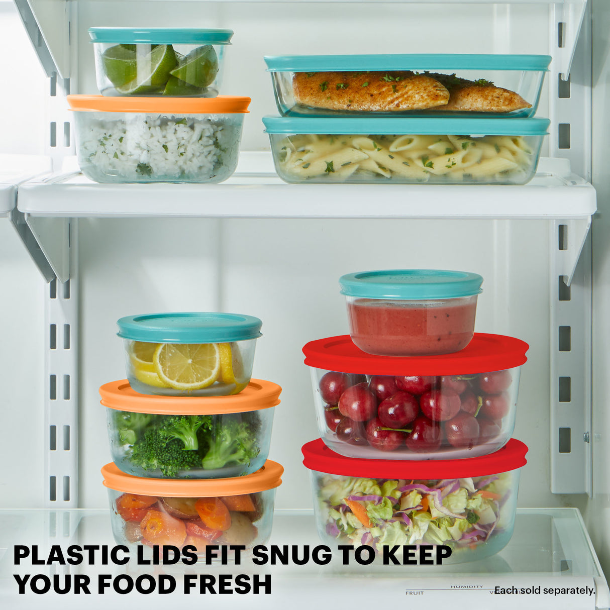 Stacked glass containers with colorful lids on a refrigerator shelf.