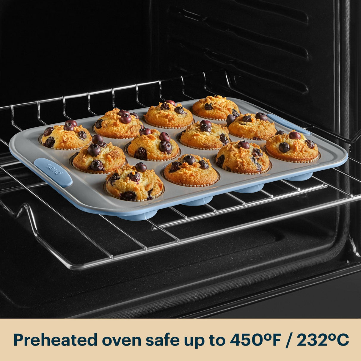 Muffin tray with baked muffins in an oven, featuring a text overlay about preheating temperature.