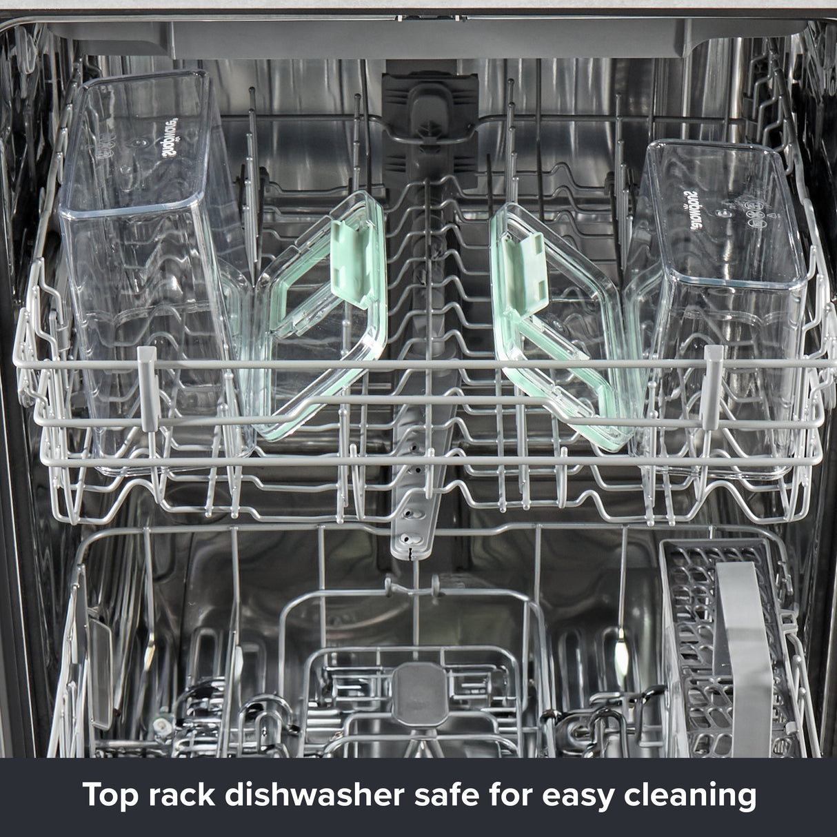 Snapware® clear plastic food storage containers and mint green lids arranged on a dishwasher top rack for convenient cleaning.