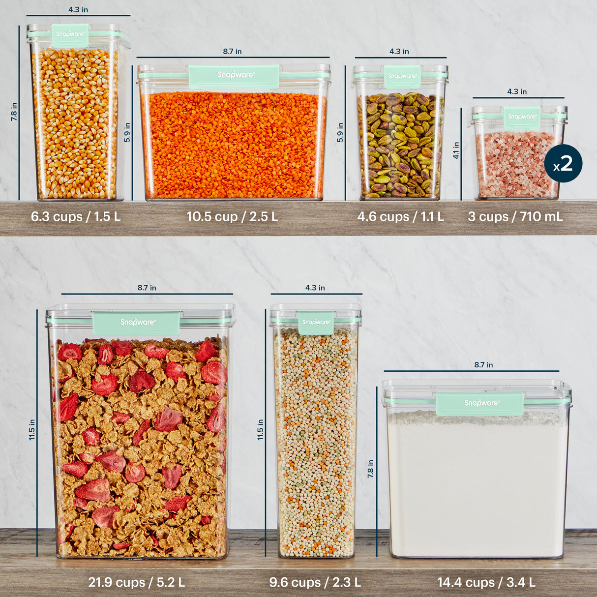Snapware® 6-piece plastic canister set displaying container sizes and capacities, including one 21.9-cup container, one 14.4-cup container, one 10.5-cup container, one 9.6-cup container, one 4.6-cup container, and two 3-cup containers with mint green lids.