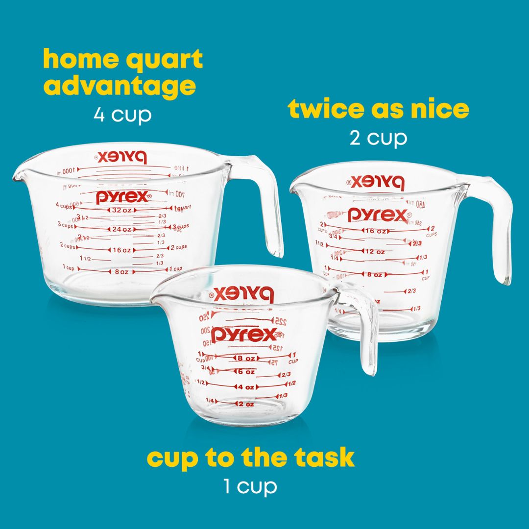 Three Pyrex measuring cups with text on a blue background