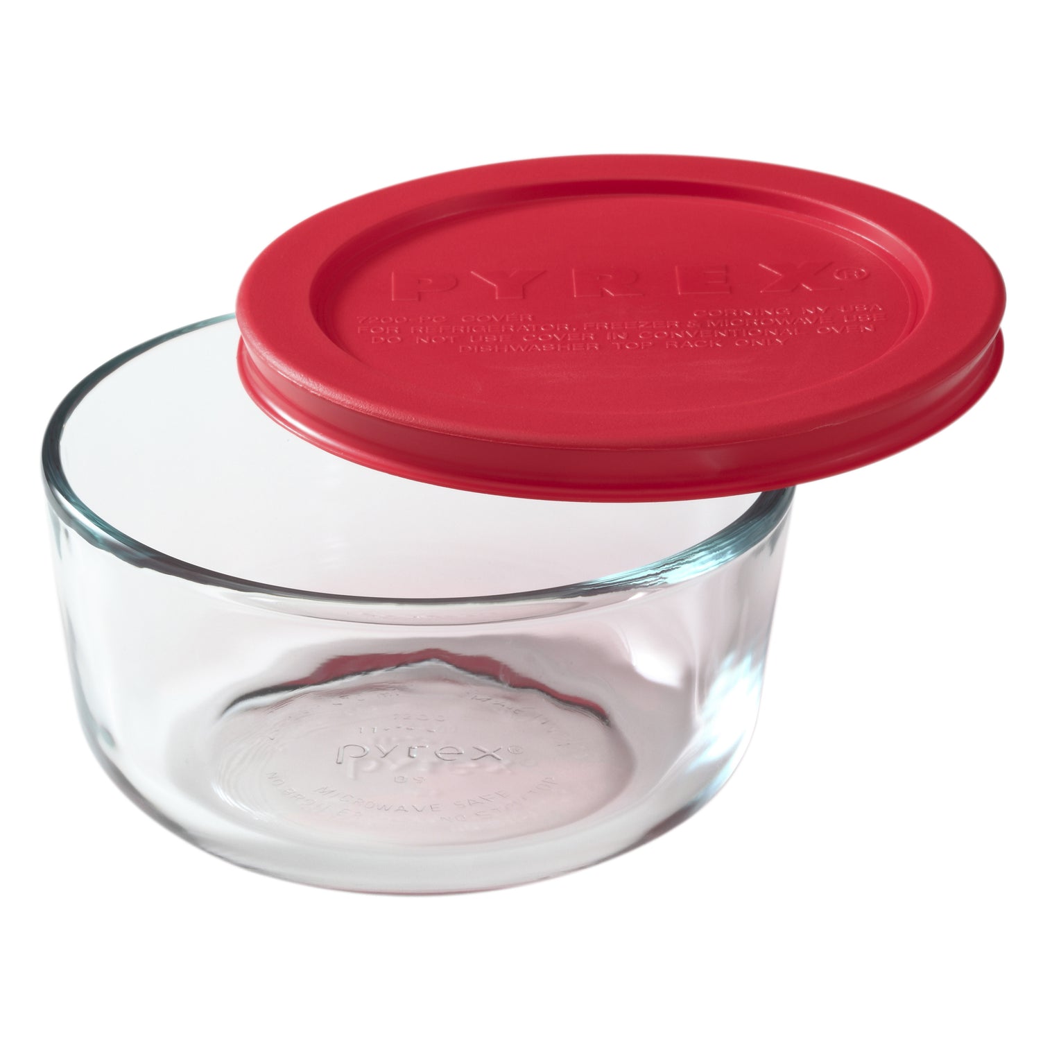 Clear glass container with a red lid on a white background