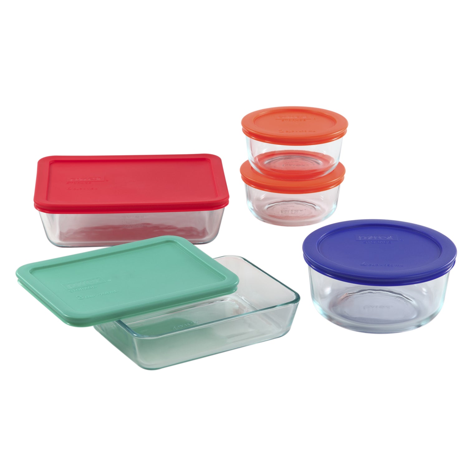 Set of glass food storage containers with colorful lids on a white background